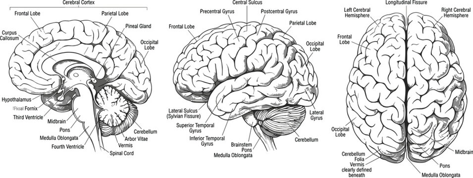 Human brain anatomy diagram set presenting detailed hand drawn sagittal lateral and superior view vectors