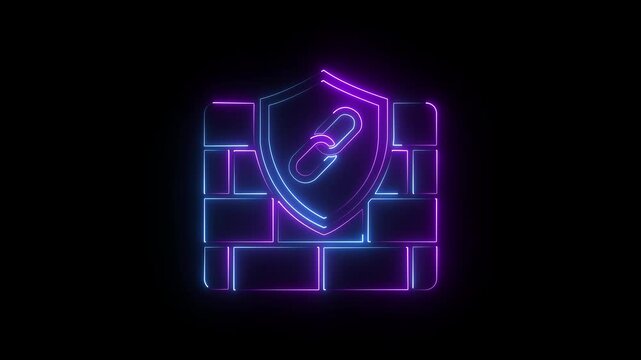 Neon cyber security shield and firewall animation, digital data protection and network safety concept