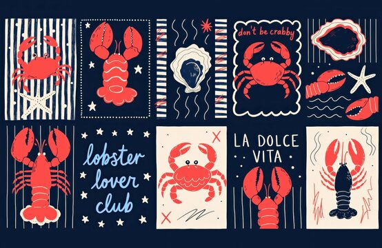 Vintage Nautical Seafood Illustration Set with Lobster, Crab, and Oyster Graphics for Posters and Prints