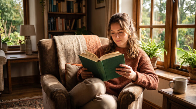 Person Reading an Open Book in a Cozy and Peaceful Environment.