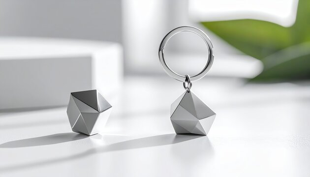 Modern geometric metal keychain on white surface.