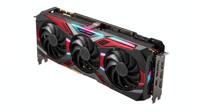 Professional-grade modern GPU featuring a triple-fan cooling system and vibrant circular RGB LED lighting. This high-end computer component is captured from a front view and isolated on a clean white 