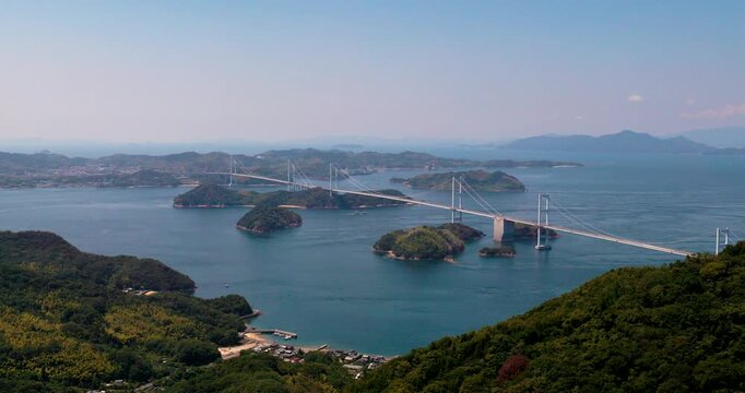 Seto Inland Sea Islands and Kurushima Bridge from Oshima, Ehime, Japan