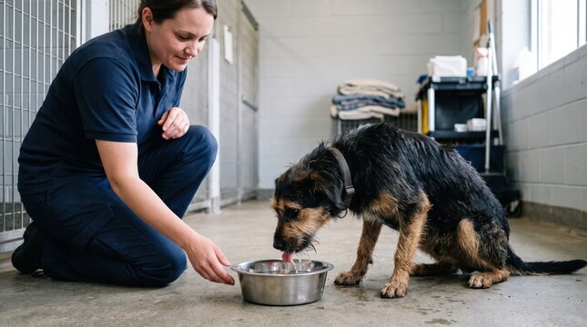 A male veterinarian feeding a dog from a bowl in a clinic office