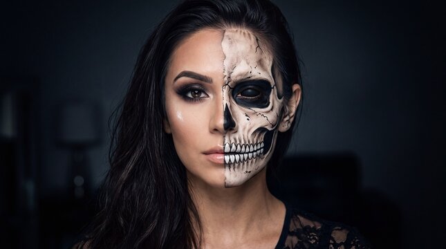 Woman wearing realistic skeletal face paint for halloween