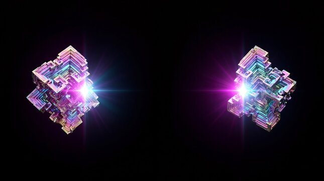 Abstract futuristic crystal formations glowing with synchronized light in dark space