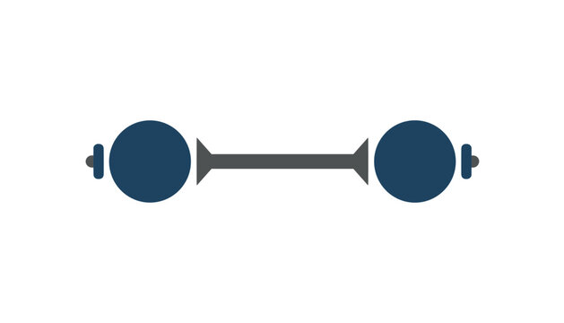 Simple minimalist flat vector icon of a dark blue heavy barbell or dumbbell isolated on a clean white background.