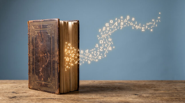 Old brown leather book with glowing mathematical symbols floating