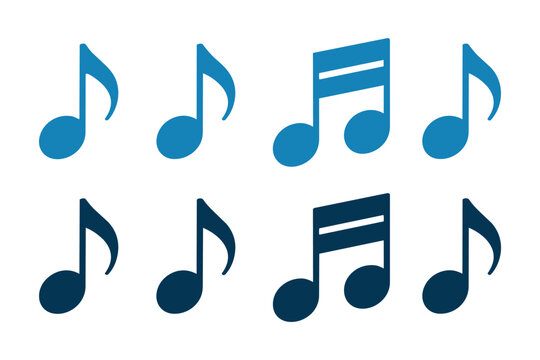 Collection of modern blue musical note icons, beamed sixteenth notes, and quaver symbols isolated on transparent backdrop for media interfaces.