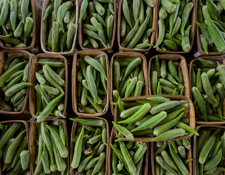 Baskets of Fresh Okra at a Local Farmer's Market