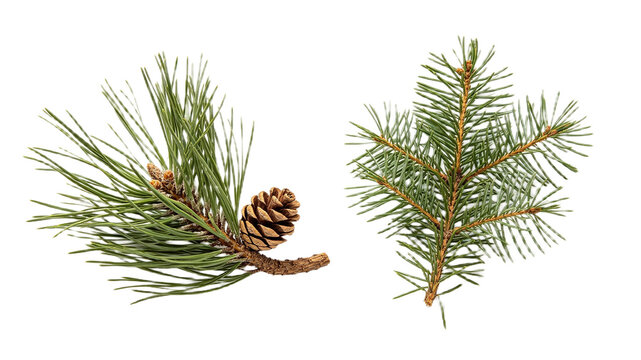 Pine branch with pinecone and spruce twig isolated on white background, coniferous tree branches arrangement
