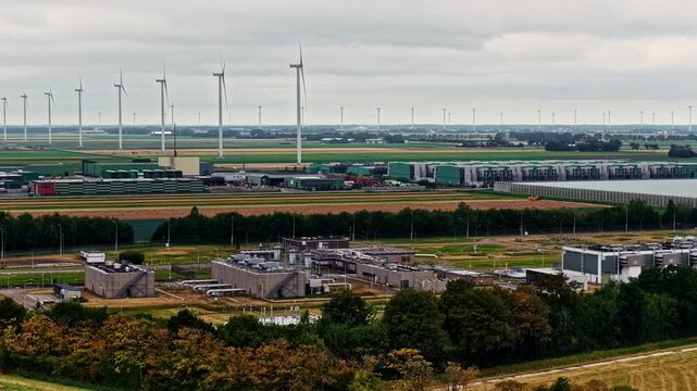 Aerial view of Agriport A7 industrial park with wind turbines and agricultural fields in Middenmeer, Noord-Holland, Netherlands.