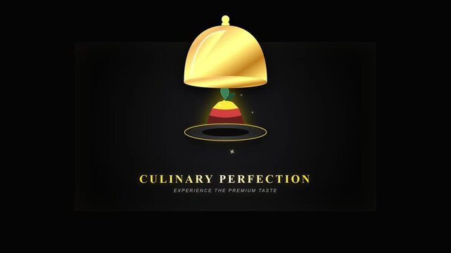 Elegant golden cloche food dome animation with glowing culinary dish on a dark premium background