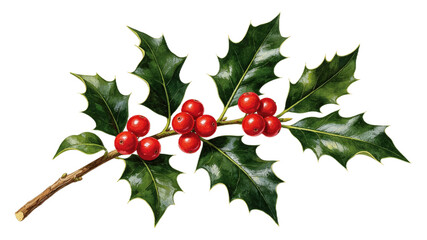 A detailed botanical illustration of a festive green holly branch with vibrant red berries isolated on a clean white background © Mohammad