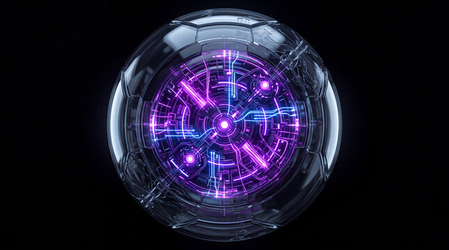 Futuristic high-tech glass sphere containing a glowing neon purple and blue electronic circuit board core, isolated on a black background.