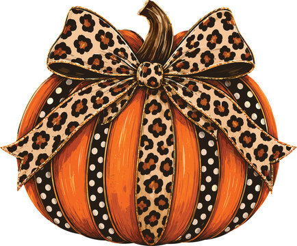 Fall pumpkin illustration with decorative leopard print bow and polka dot ribbon accents on white background
