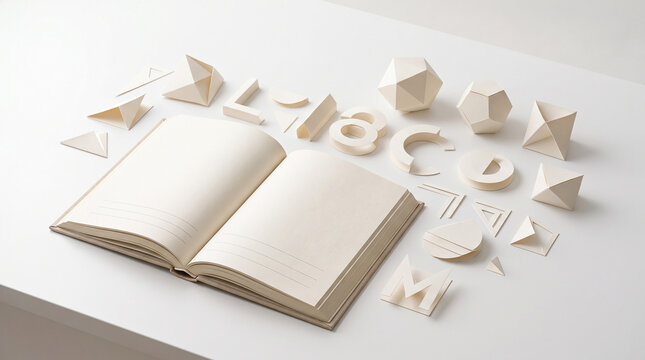 Open notebook with white geometric shapes on a table