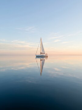 Serene Sailboat on Calm Water Reflecting in the Ocean.