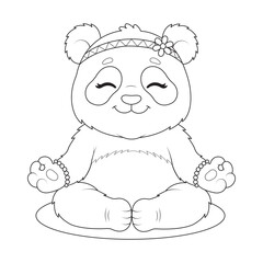 Fototapeta premium Cute line art vector illustration of a panda meditating in a yoga pose with a floral headband