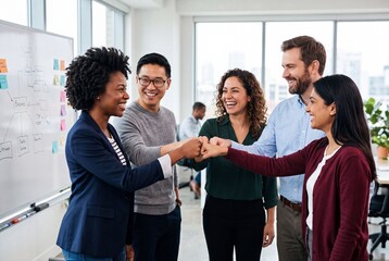 Obraz premium Diverse Business Team Celebrating Success with Fist Bump in Office Meeting