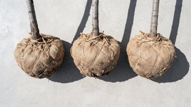 Three bare root trees wrapped in burlap