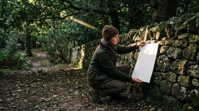 Person holding blank poster beside stone wall
