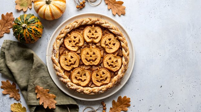 Top view of a homemade apple pie decorated with jackolantern crust