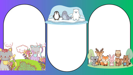 Cute animal frame collection for kids, cartoon border set with woodland and arctic creatures, decorative stationery templates for children © Senandung
