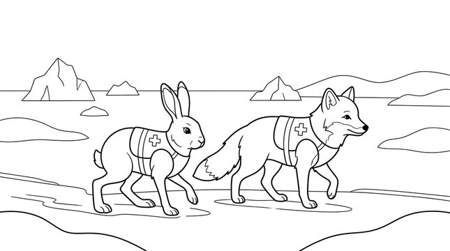 Arctic fox and hare coloring page with rescue vests in a snowy polar landscape