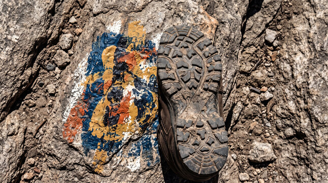 Hiking boot on painted trail marker rock