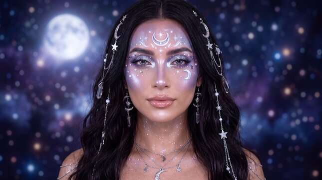 Mystic woman with celestial halloween makeup and moon accessories