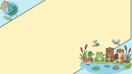 Fototapeta premium Cute pond animals background, cartoon marsh wildlife illustration, pastel nature frame for kids, beaver and duck pond scene