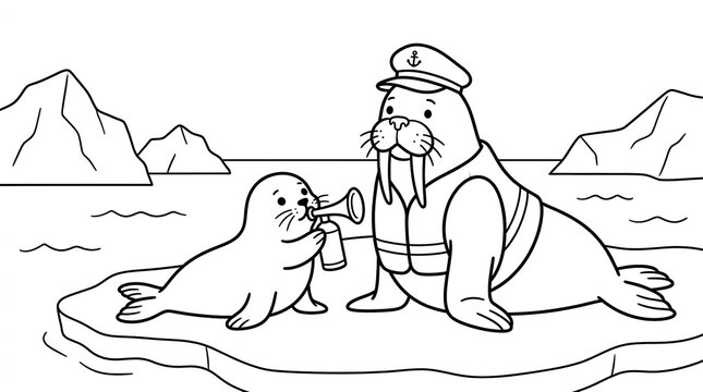Cute walrus captain and seal with megaphone on iceberg coloring page for kids