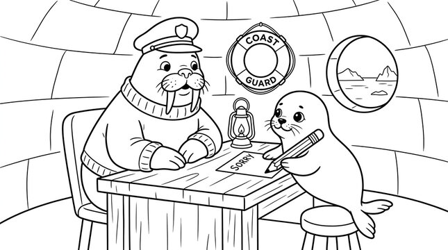 Walrus captain and seal pup drawing at a desk in an igloo coloring page for kids