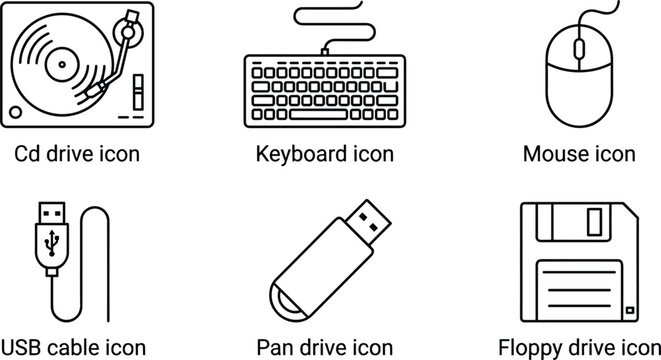 Computer peripheral line icon set featuring keyboard mouse turntable usb cable flash memory drive and floppy disk symbols