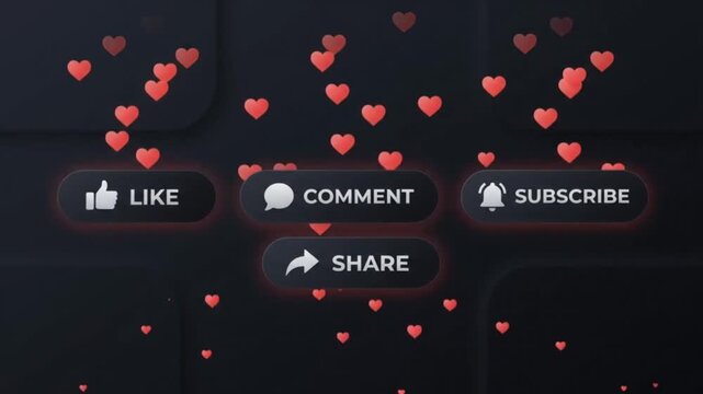 YouTube Social Media Engagement Animation | Like, Comment, Share & Subscribe CTA Buttons with Floating Hearts