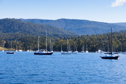 Recreational boats moored in the protected area of Kettering, Tasmania