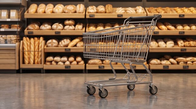 Empty metal shopping cart standing in the aisle of a grocery store bakery section with shelves full of fresh bread loaves and baked goods in a modern supermarket