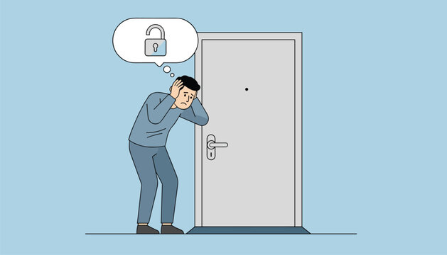 Anxious man standing in front of his locked apartment door realizing he forgot his keys inside the house.