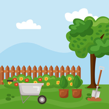 Gardening setup with wheelbarrow, potted plants, shovel, tree, and wooden fence in the backyard vector illustration