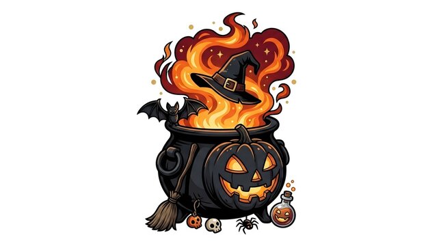 Halloween Pumpkin Cauldron Illustration with Witch Hat Bat and Broomstick over Magical Orange Flames