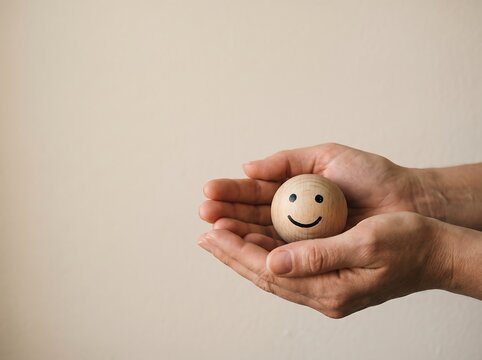 Hands Holding Wooden Ball with Smiley Face
