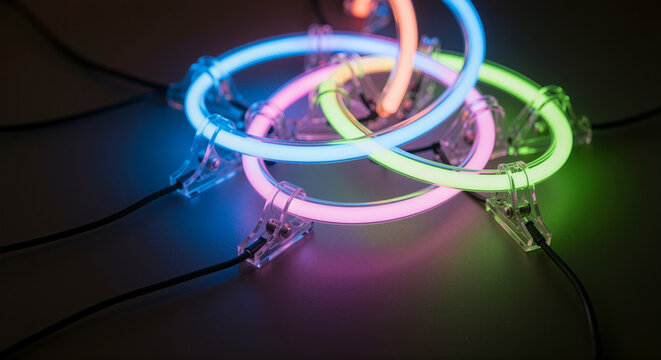 Glowing neon light tubes forming interlocking illuminated colorful rings on dark background with electrical wiring and mounts