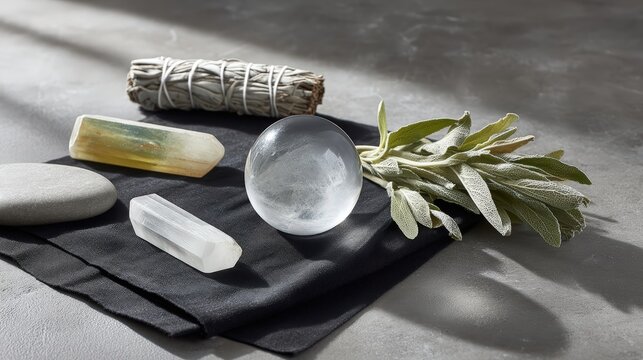 Witchy spiritual flat lay with crystal ball sage smudge stick and healing crystals