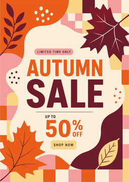 Autumn Sale Poster Template with Geometric Shapes, Maple Leaves and Seasonal Discount