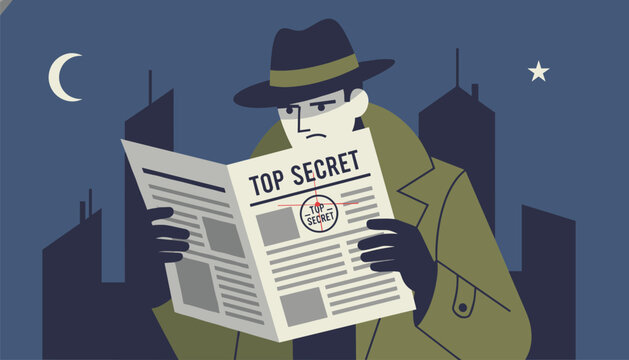 Secret agent or detective in a trench coat and fedora reading a top secret classified newspaper under a city night sky.