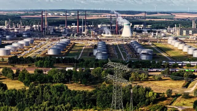 Aerial view of PCK Raffinerie GmbH featuring industrial storage tanks, a cooling tower, and power lines in the surrounding landscape of SchwedtOder, Brandenburg, Germany.