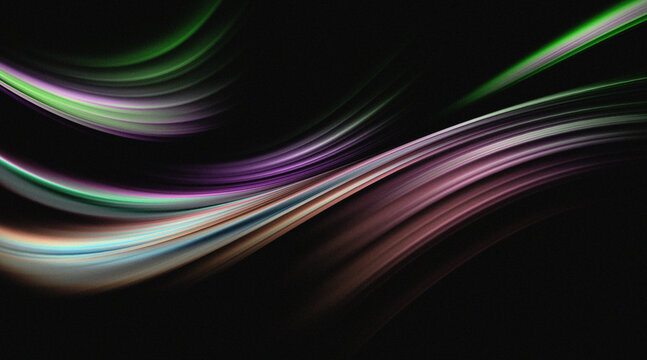 Abstract colorful grainy wave light trails on black background.