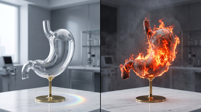 Glass stomach model on metal stand versus burning organ in medical lab illustrates digestive health issues and heartburn relief.