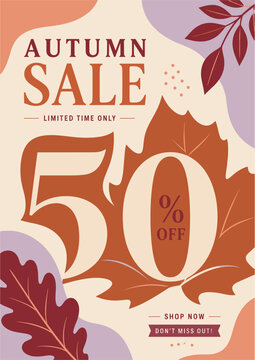 Autumn Sale Poster Template with Large Maple Leaf and Warm Seasonal Discount Design